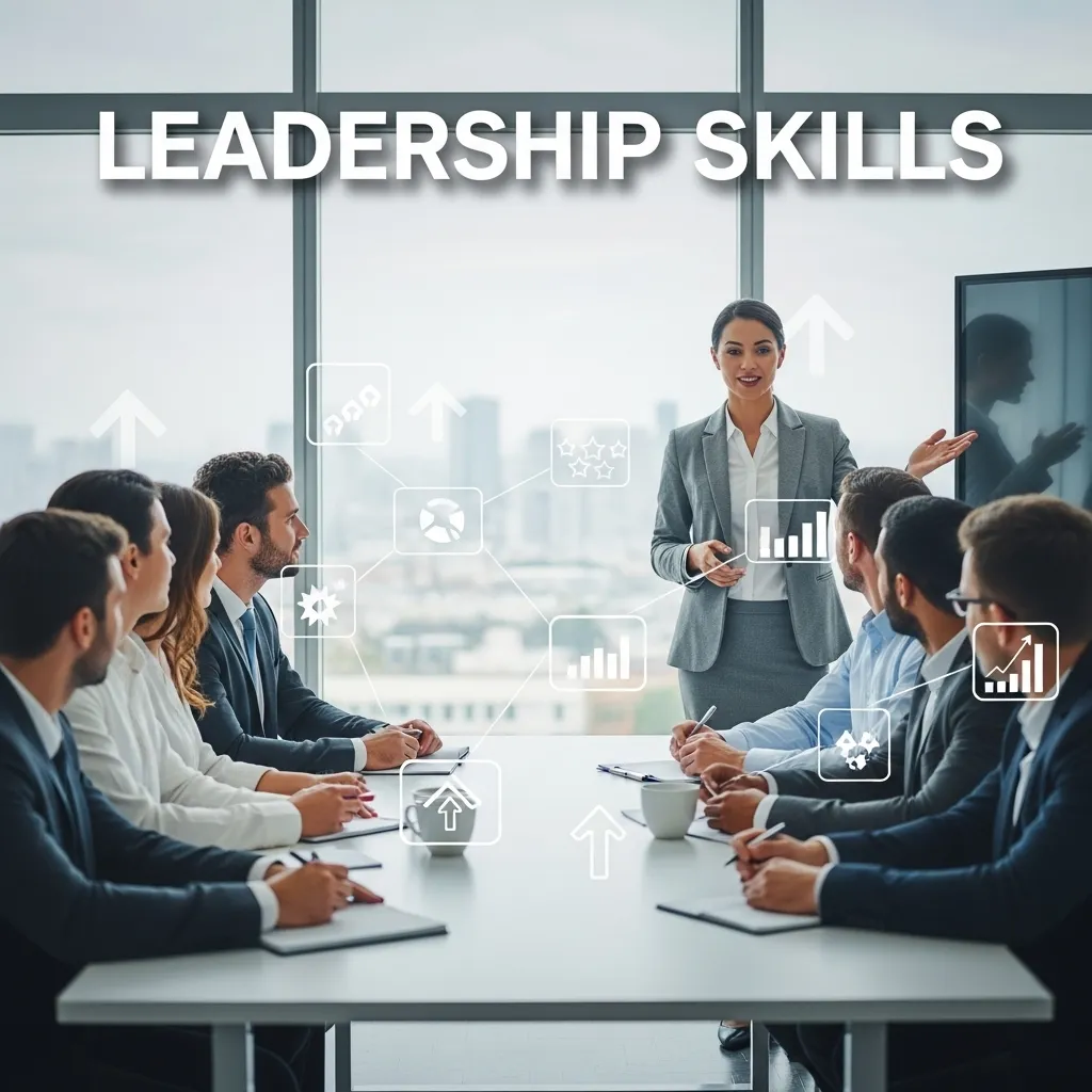 Leader guiding team with text “Leadership Skills”