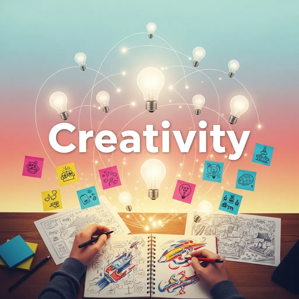 Person with sketches and text “Creativity”