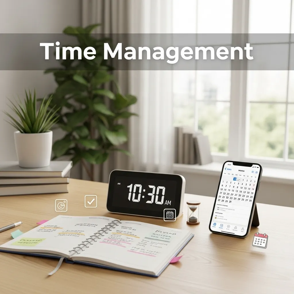 Planner and clock with text “Time Management”
