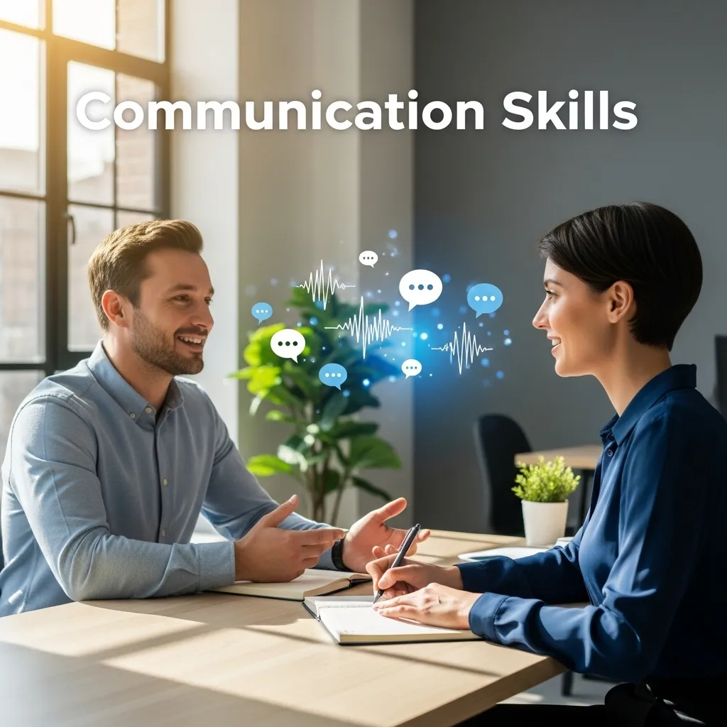 Two people talking with text “Communication Skills”