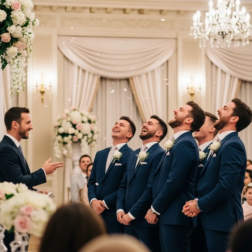 Groom and guests laughing